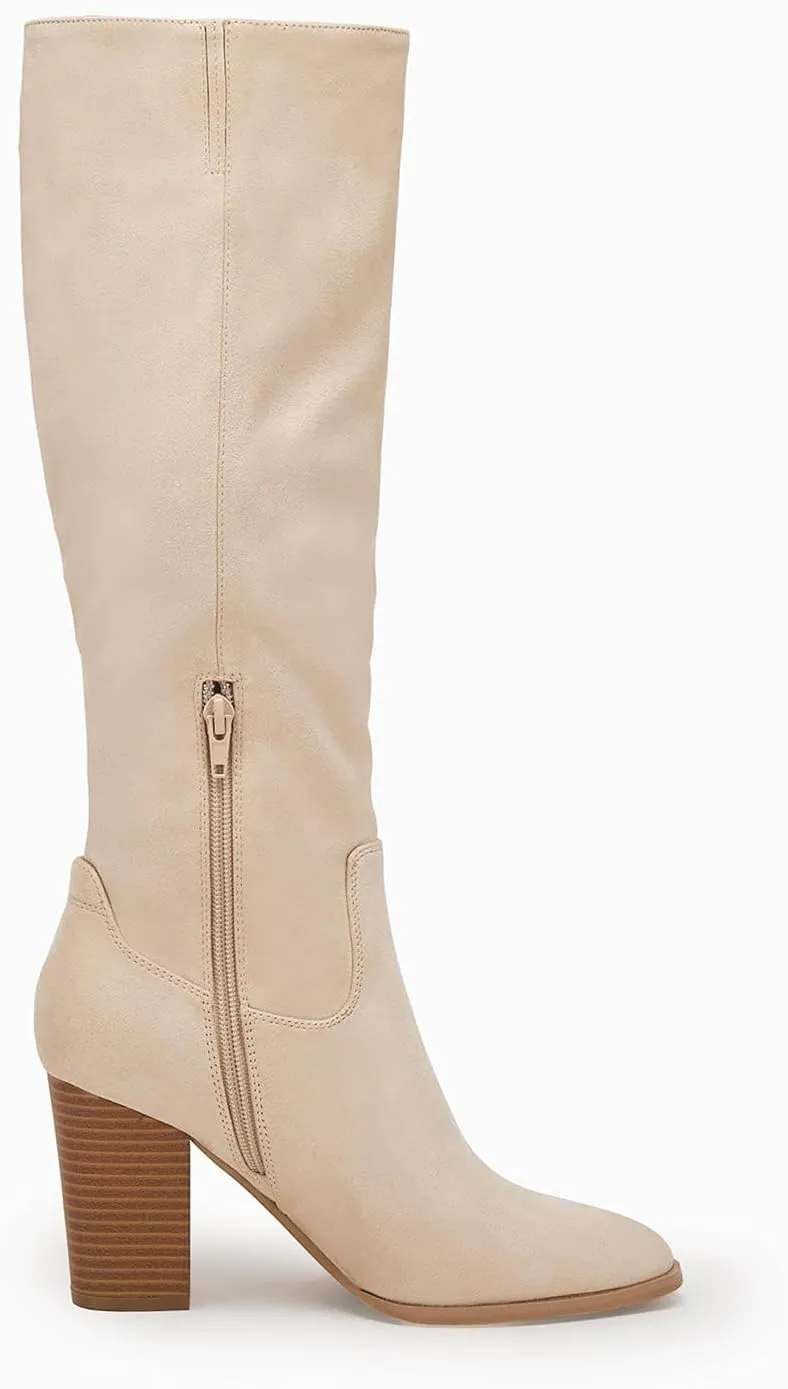 Coutgo Womens Faux Suede Knee High Boots Side Zipper Chunky Heel Stretch Winter Boots