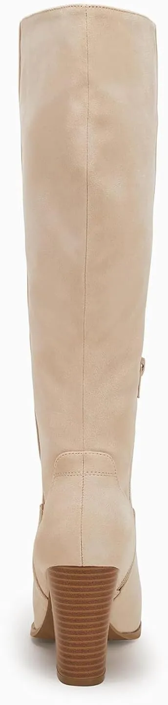 Coutgo Womens Faux Suede Knee High Boots Side Zipper Chunky Heel Stretch Winter Boots