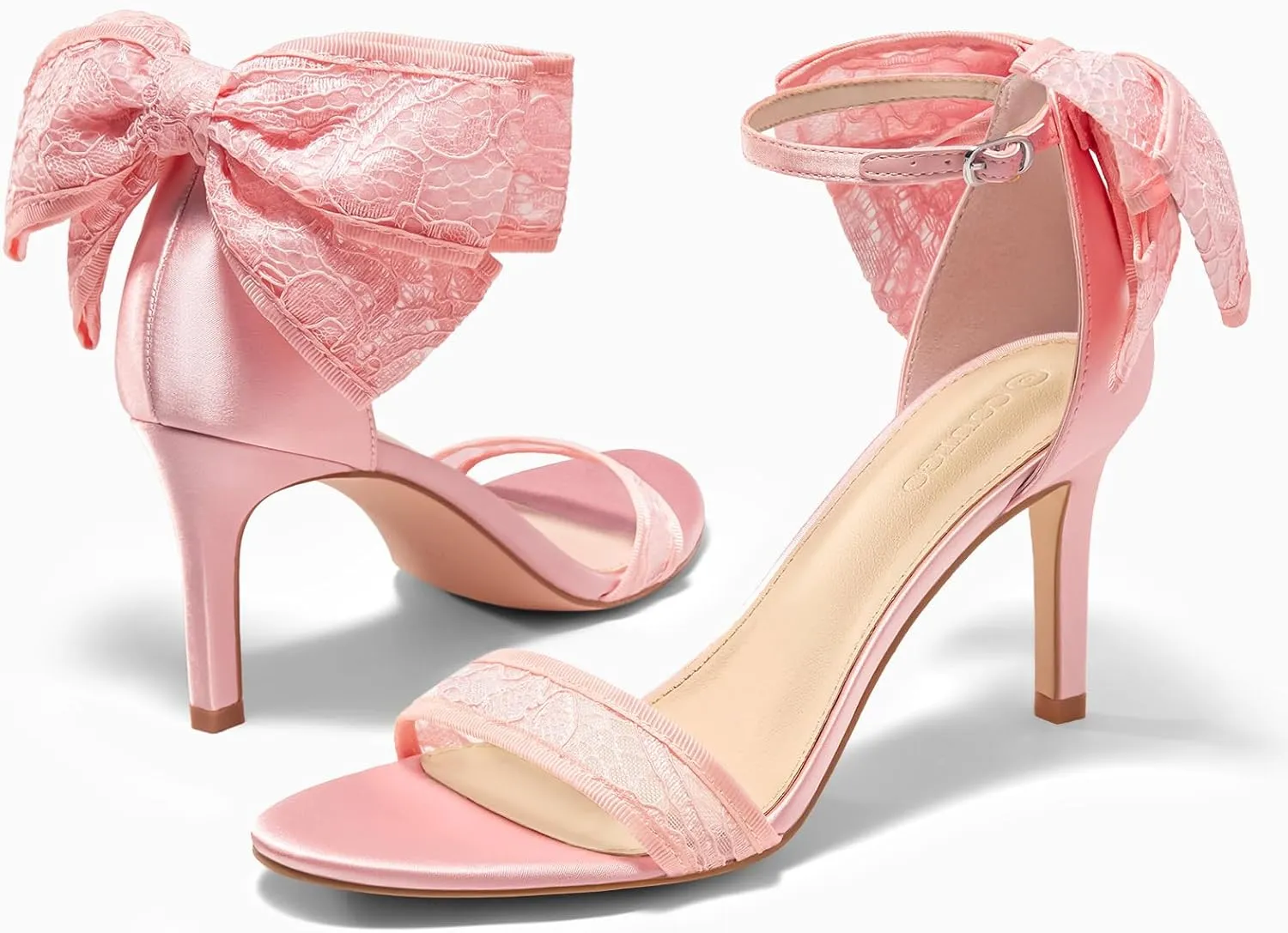 Coutgo Womens High Heels Sandals Lace Bow Tie Back Open Toe Ankle Strap Sexy Stiletto Wedding Party Dress Shoes