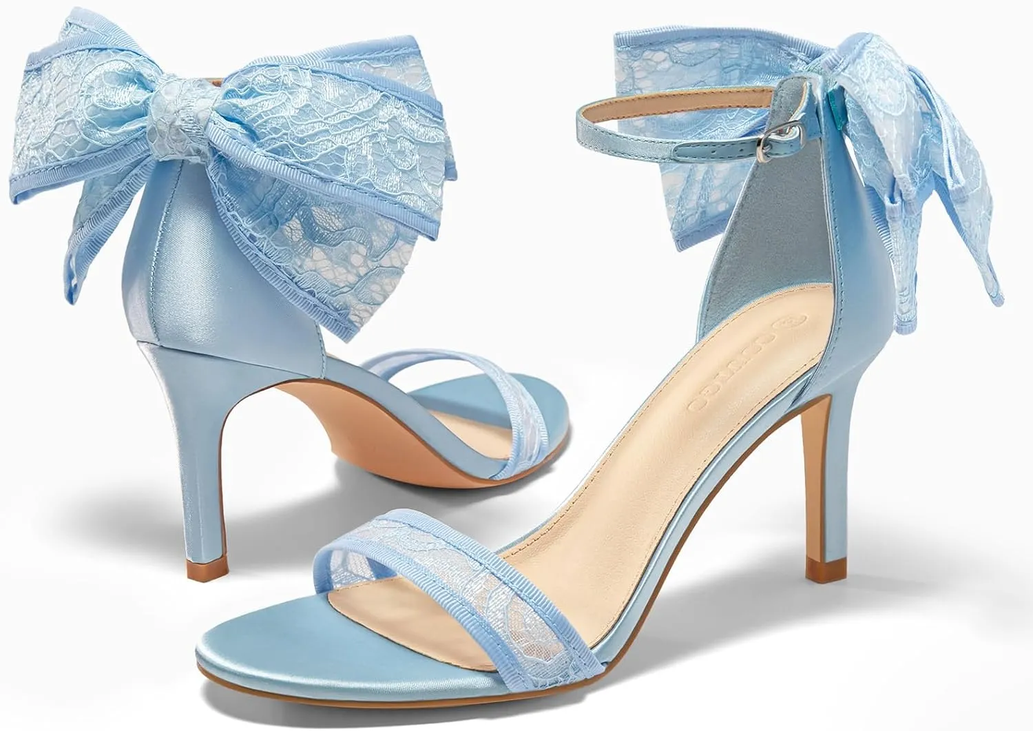 Coutgo Womens High Heels Sandals Lace Bow Tie Back Open Toe Ankle Strap Sexy Stiletto Wedding Party Dress Shoes