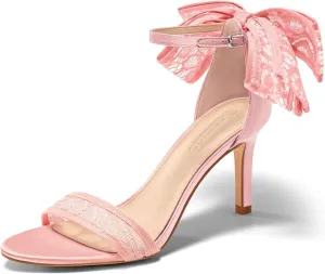 Coutgo Womens High Heels Sandals Lace Bow Tie Back Open Toe Ankle Strap Sexy Stiletto Wedding Party Dress Shoes