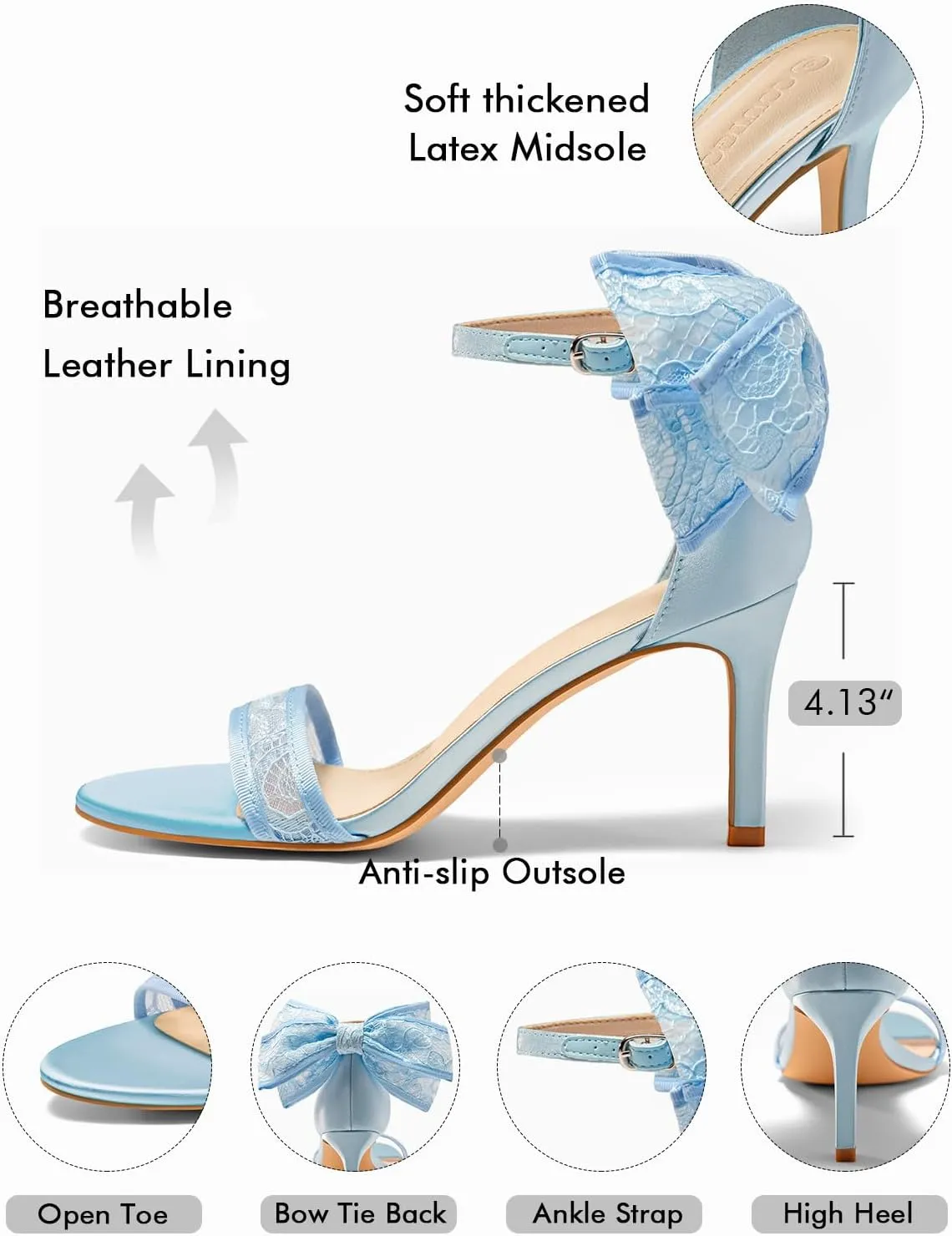 Coutgo Womens High Heels Sandals Lace Bow Tie Back Open Toe Ankle Strap Sexy Stiletto Wedding Party Dress Shoes