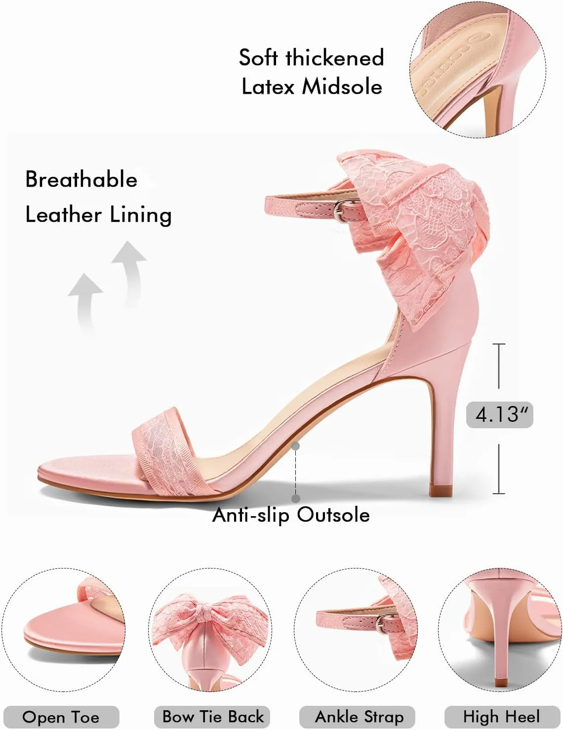 Coutgo Womens High Heels Sandals Lace Bow Tie Back Open Toe Ankle Strap Sexy Stiletto Wedding Party Dress Shoes