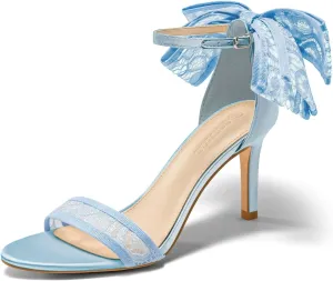 Coutgo Womens High Heels Sandals Lace Bow Tie Back Open Toe Ankle Strap Sexy Stiletto Wedding Party Dress Shoes