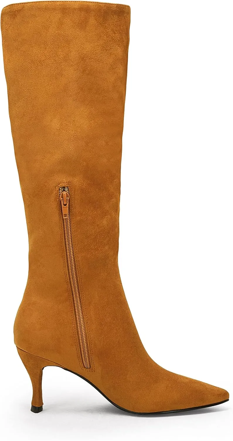 Coutgo Womens Knee High Boots Pointed Toe Kitten Heel Side Zipper Stretchy Vegan Suede Comfort Fall Winter Boot