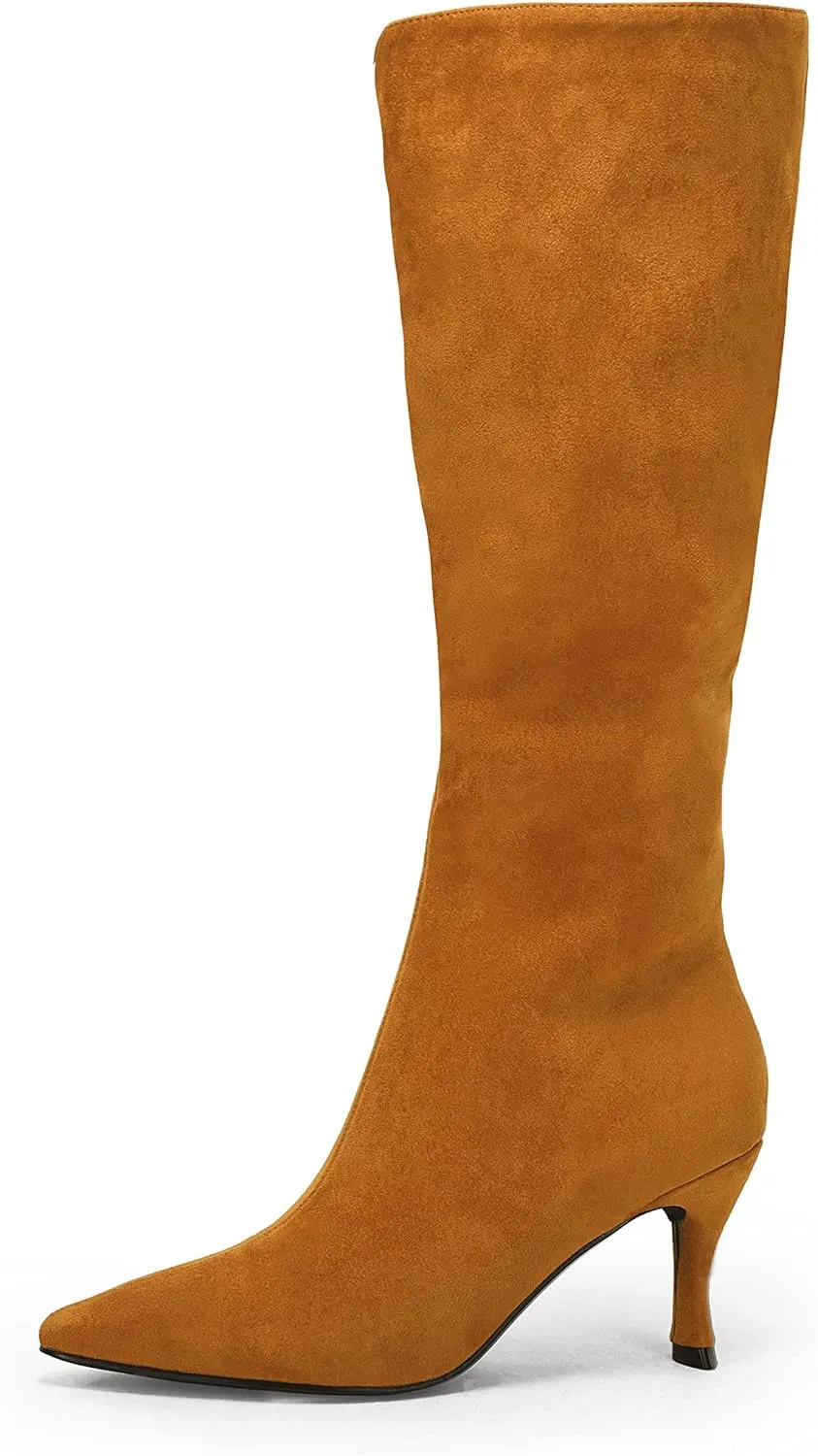 Coutgo Womens Knee High Boots Pointed Toe Kitten Heel Side Zipper Stretchy Vegan Suede Comfort Fall Winter Boot