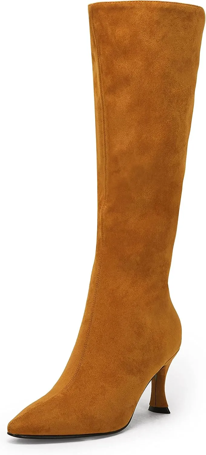 Coutgo Womens Knee High Boots Pointed Toe Kitten Heel Side Zipper Stretchy Vegan Suede Comfort Fall Winter Boot