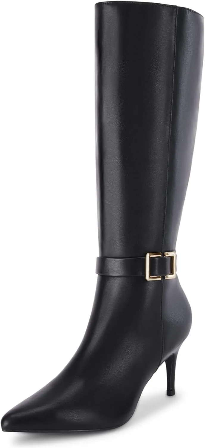 Coutgo Womens Knee High Boots Stiletto Heels Suede Pointed Toe Wide Calf Metal Buckle Side Zipper Winter Boots