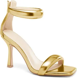Coutgo Women's One Strap Heeled Sandals Square Open Toe Stiletto Heels Ankle Buckle Strap Summer Pump Shoes