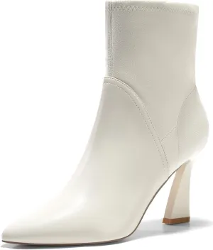 Coutgo Women's Pointed Toe High Heel Ankle Boots Patent Faux Leather Suede Splicing Slip On Fashion Booties