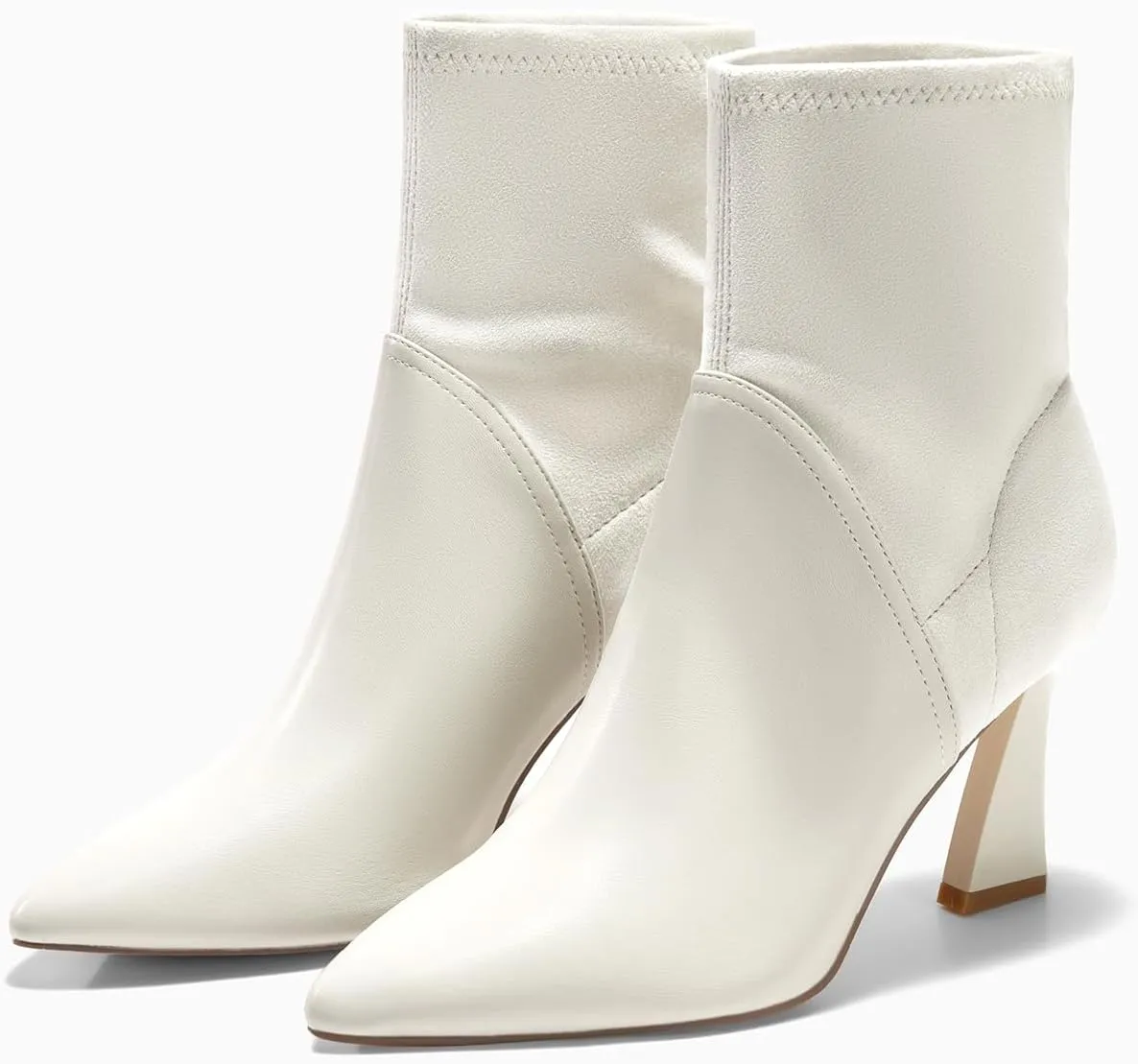 Coutgo Women's Pointed Toe High Heel Ankle Boots Patent Faux Leather Suede Splicing Slip On Fashion Booties
