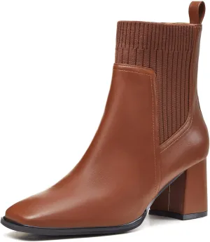 Coutgo Women's Slip On Ankle Boots Chunky Block Heel Square Toe Splicing Dress Sock Booties