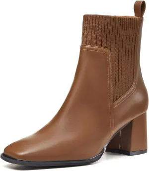 Coutgo Women's Slip On Ankle Boots Chunky Block Heel Square Toe Splicing Dress Sock Booties