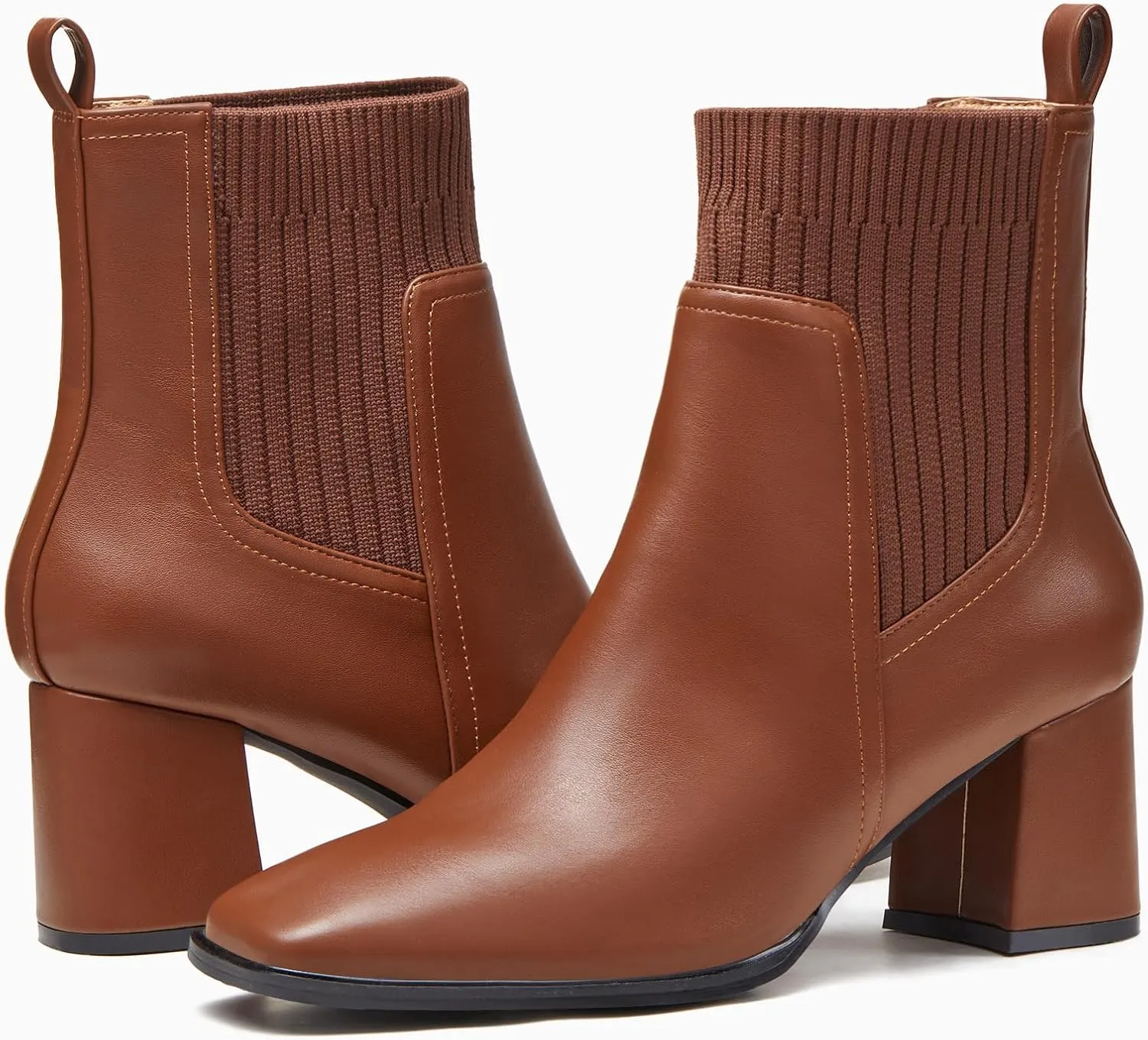 Coutgo Women's Slip On Ankle Boots Chunky Block Heel Square Toe Splicing Dress Sock Booties