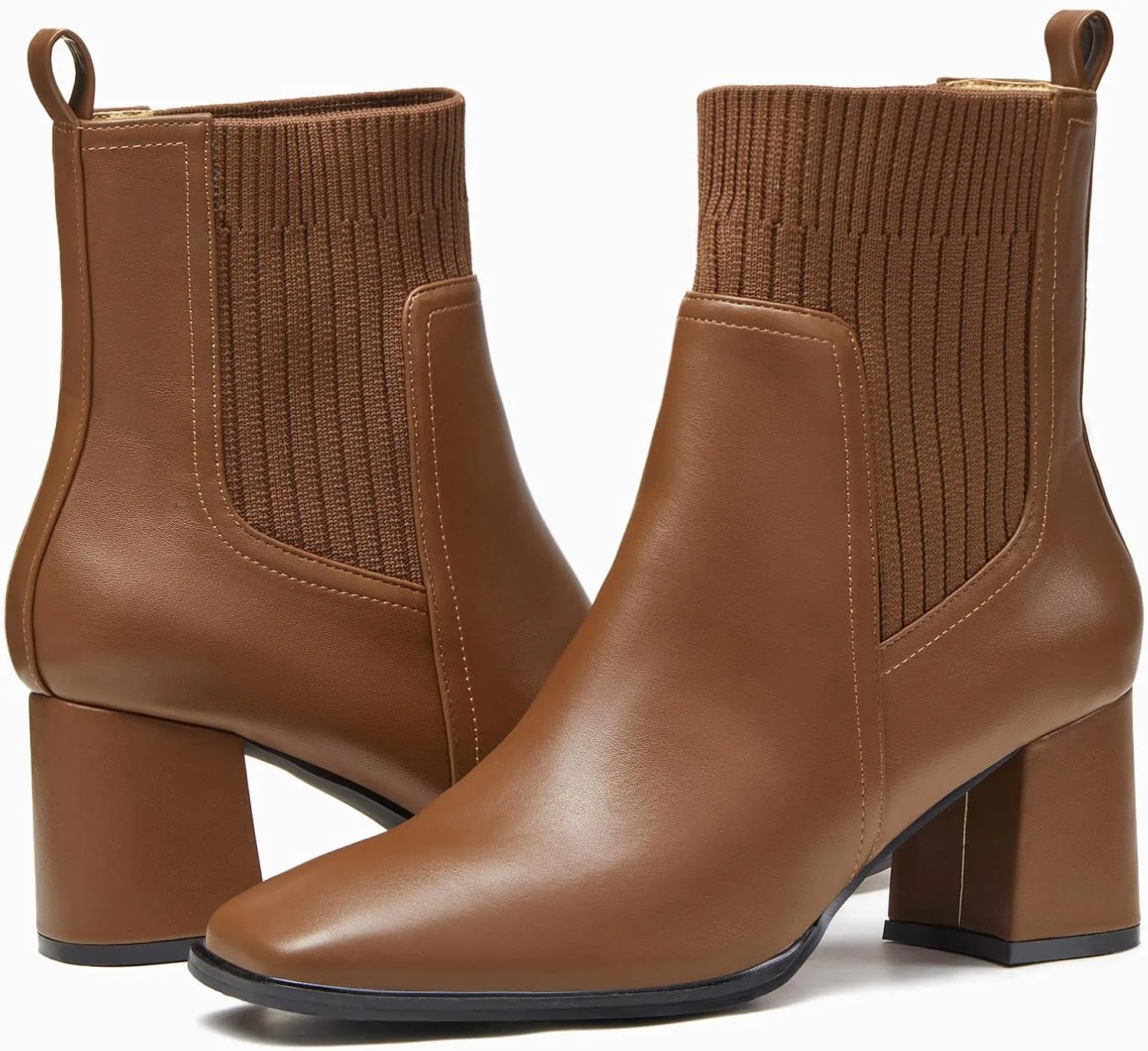 Coutgo Women's Slip On Ankle Boots Chunky Block Heel Square Toe Splicing Dress Sock Booties