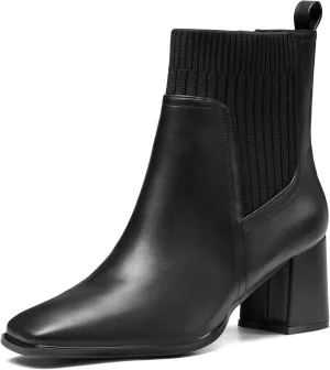 Coutgo Women's Slip On Ankle Boots Chunky Block Heel Square Toe Splicing Dress Sock Booties