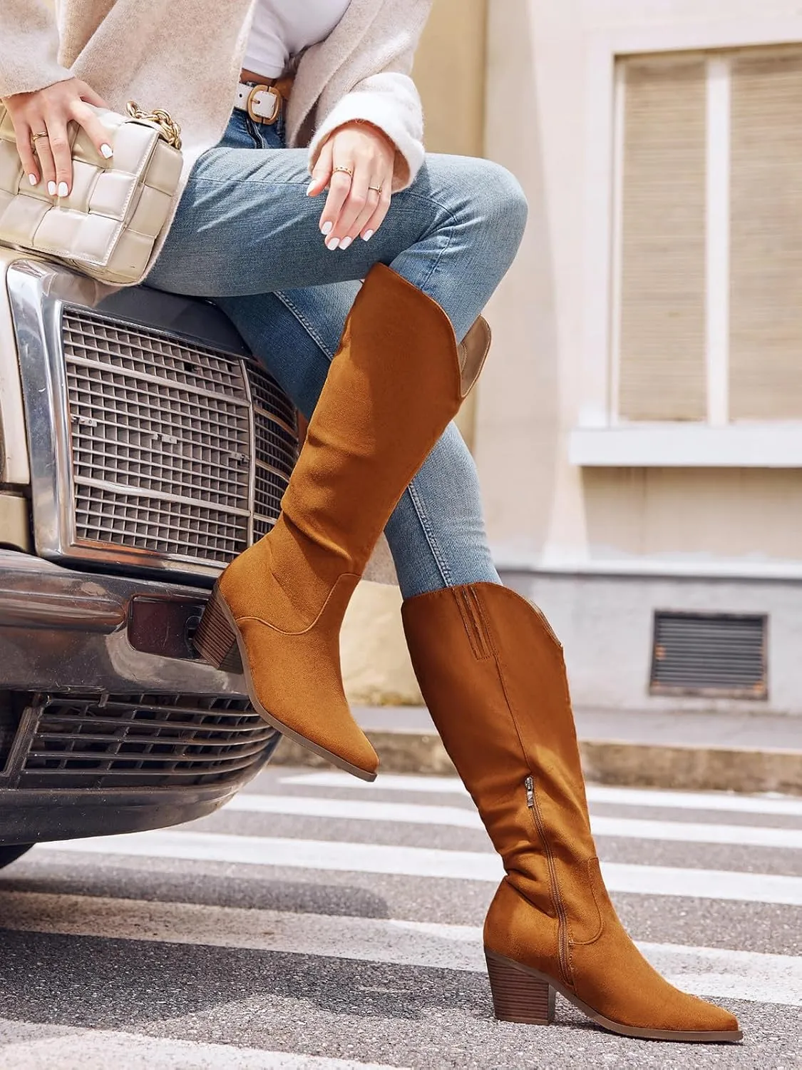 Coutgo Womens Wide Calf Cowboy Boots Suede Knee High Chunky Heel Pointed Toe Western Cowgirl Boots
