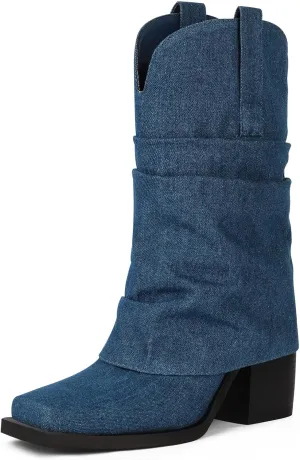 Cowboy Boots for Women Cowgirl Boots Mid Calf Square Toe Fold Over Chunky Heel Slouchy Suede Boots