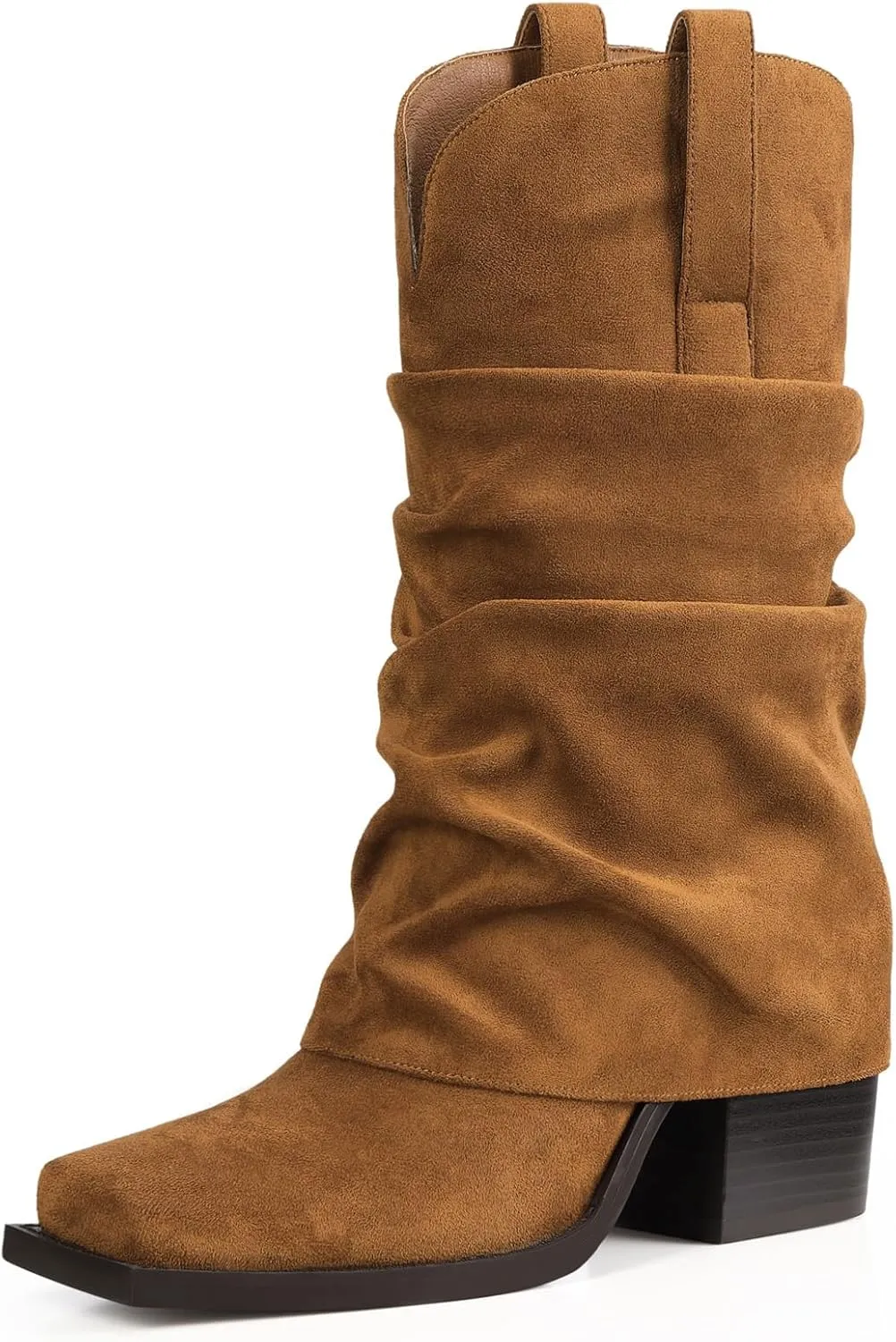 Cowboy Boots for Women Cowgirl Boots Mid Calf Square Toe Fold Over Chunky Heel Slouchy Suede Boots