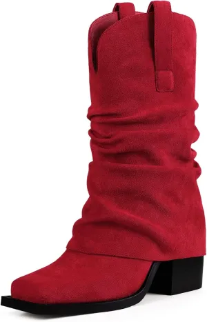 Cowboy Boots for Women Cowgirl Boots Mid Calf Square Toe Fold Over Chunky Heel Slouchy Suede Boots