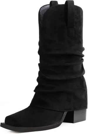 Cowboy Boots for Women Cowgirl Boots Mid Calf Square Toe Fold Over Chunky Heel Slouchy Suede Boots