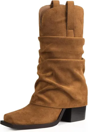 Cowboy Boots for Women Cowgirl Boots Mid Calf Square Toe Fold Over Chunky Heel Slouchy Suede Boots
