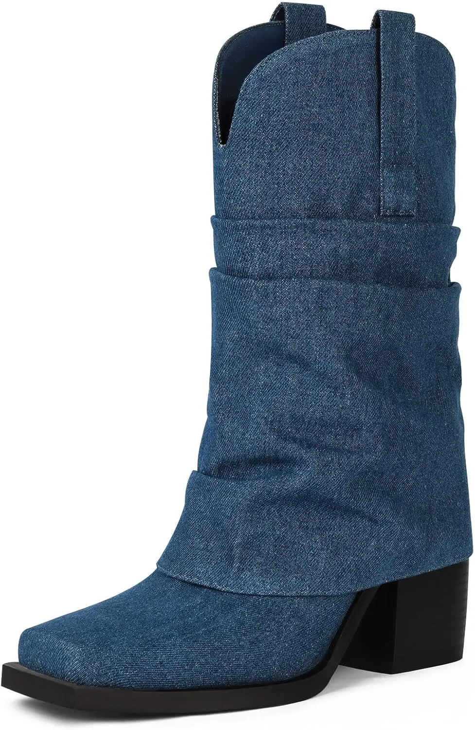 Cowboy Boots for Women Cowgirl Boots Mid Calf Square Toe Fold Over Chunky Heel Slouchy Suede Boots