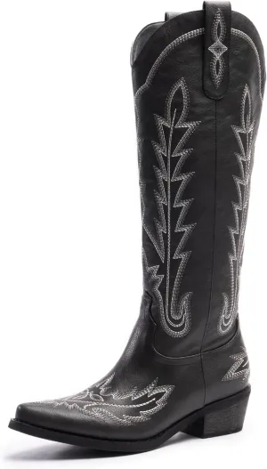 Cowboy Boots for Women, Embroidered Cowgirl Boots, Pointed Toe Knee High Boots, Women's Western Boots Pull On with Side Zipper