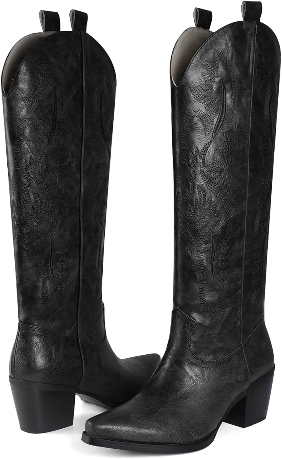 Cowboy Boots for Women Knee High Boots Pointy Toe Suede Boots with Embroidered Chunky Heel Western Cowgirl Boots