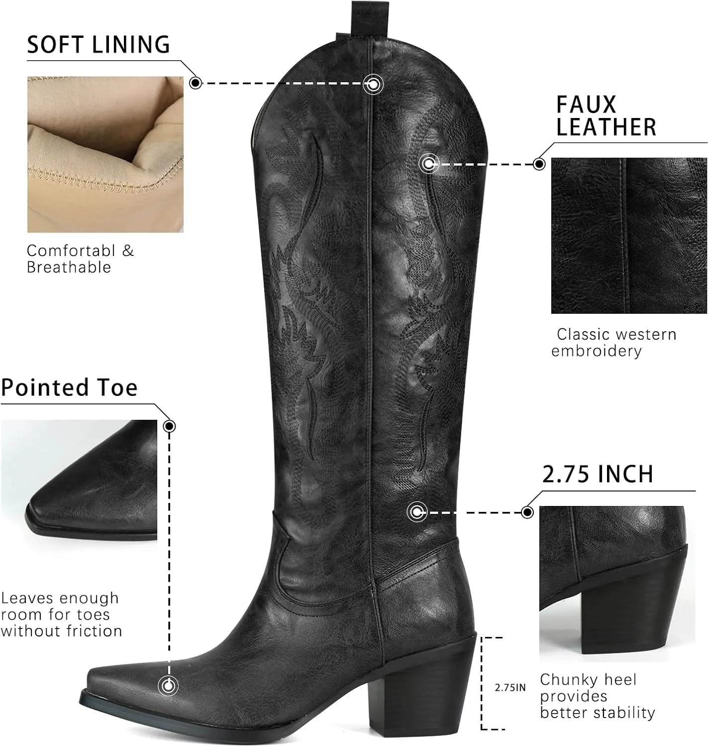 Cowboy Boots for Women Knee High Boots Pointy Toe Suede Boots with Embroidered Chunky Heel Western Cowgirl Boots