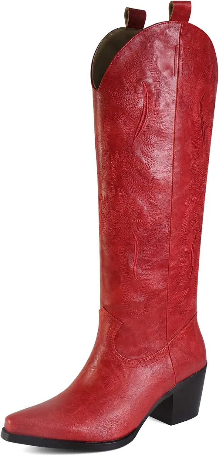 Cowboy Boots for Women Knee High Boots Pointy Toe Suede Boots with Embroidered Chunky Heel Western Cowgirl Boots