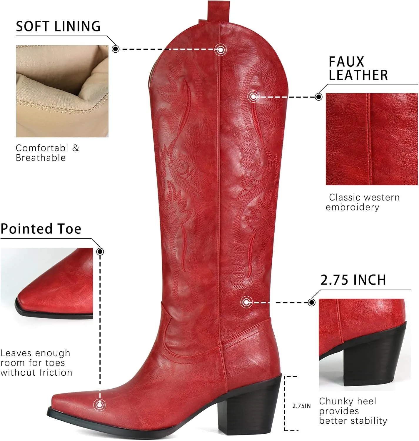 Cowboy Boots for Women Knee High Boots Pointy Toe Suede Boots with Embroidered Chunky Heel Western Cowgirl Boots