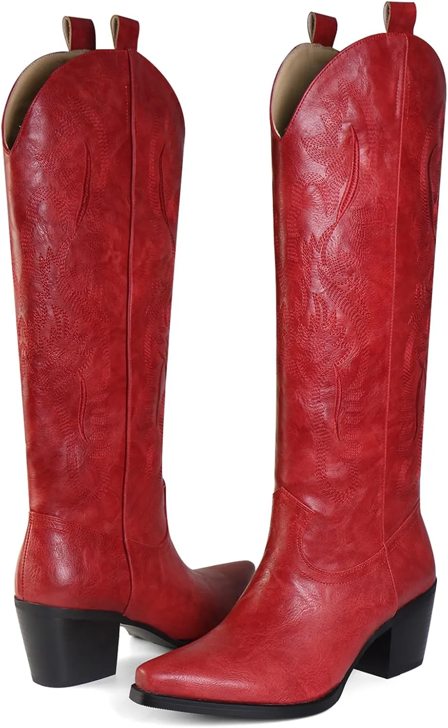 Cowboy Boots for Women Knee High Boots Pointy Toe Suede Boots with Embroidered Chunky Heel Western Cowgirl Boots