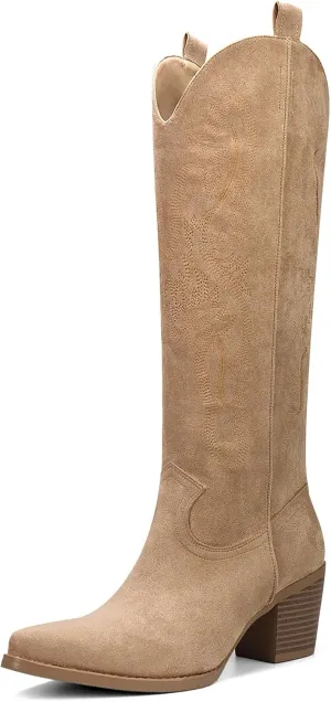 Cowboy Boots for Women Knee High Boots Pointy Toe Suede Boots with Embroidered Chunky Heel Western Cowgirl Boots
