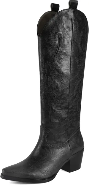 Cowboy Boots for Women Knee High Boots Pointy Toe Suede Boots with Embroidered Chunky Heel Western Cowgirl Boots