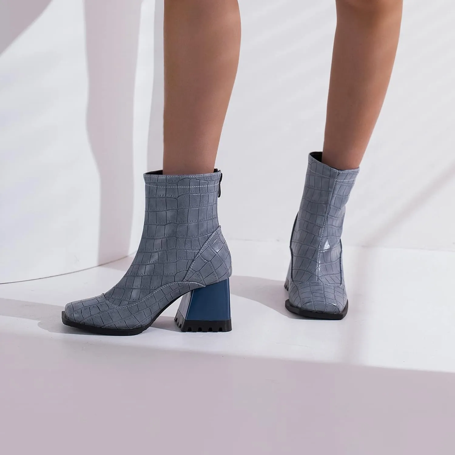 Cozivwaiy Square Toe Ankle Boots for Women Colorblocked Block Mid Heel Booties Ankle High Dress Boots Zipper Boots Women