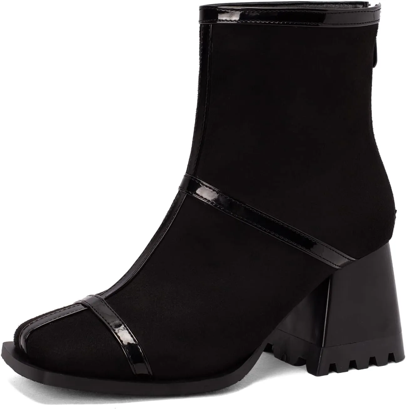 Cozivwaiy Square Toe Ankle Boots for Women Colorblocked Block Mid Heel Booties Ankle High Dress Boots Zipper Boots Women