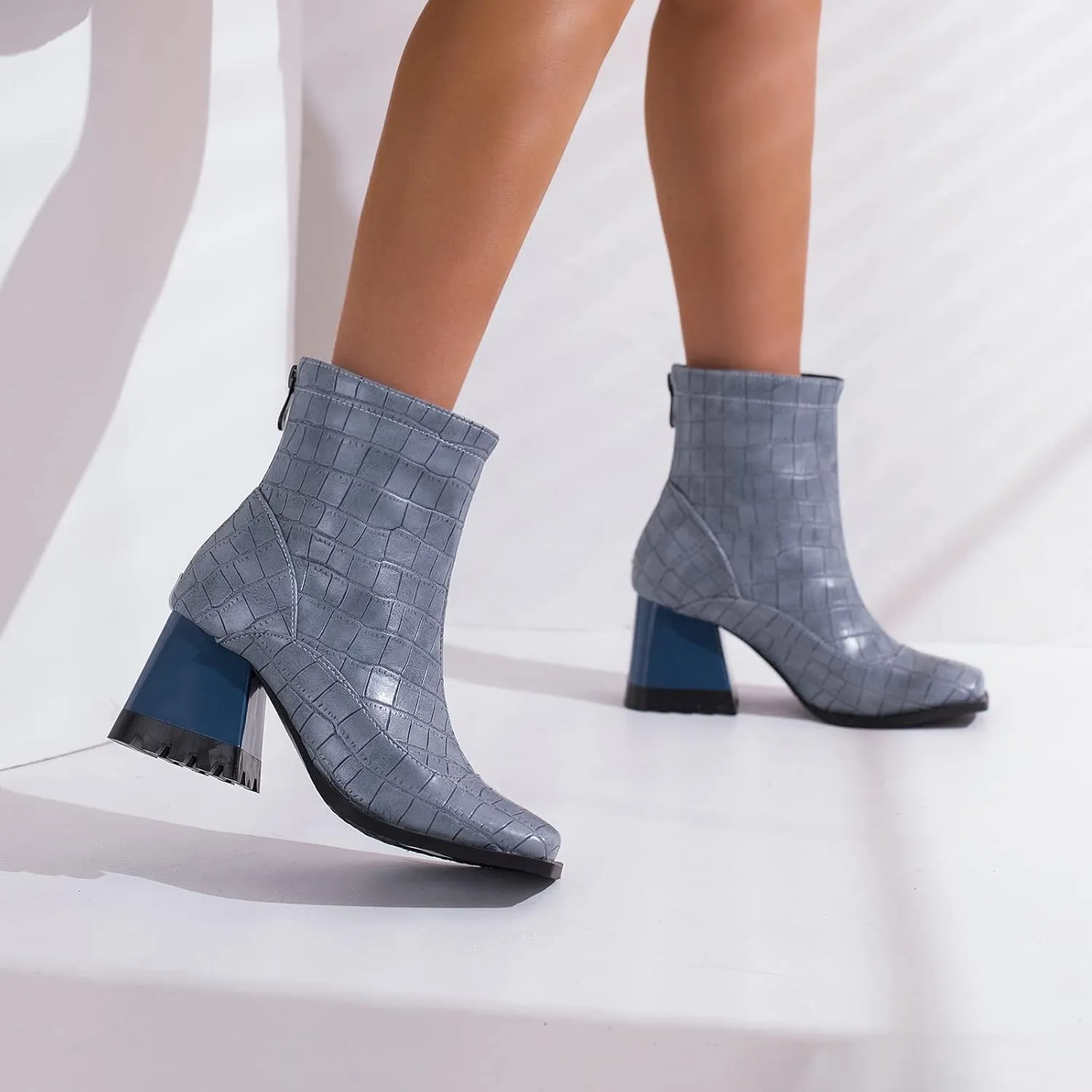 Cozivwaiy Square Toe Ankle Boots for Women Colorblocked Block Mid Heel Booties Ankle High Dress Boots Zipper Boots Women