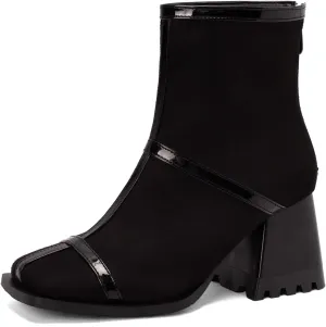 Cozivwaiy Square Toe Ankle Boots for Women Colorblocked Block Mid Heel Booties Ankle High Dress Boots Zipper Boots Women