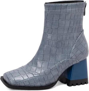 Cozivwaiy Square Toe Ankle Boots for Women Colorblocked Block Mid Heel Booties Ankle High Dress Boots Zipper Boots Women