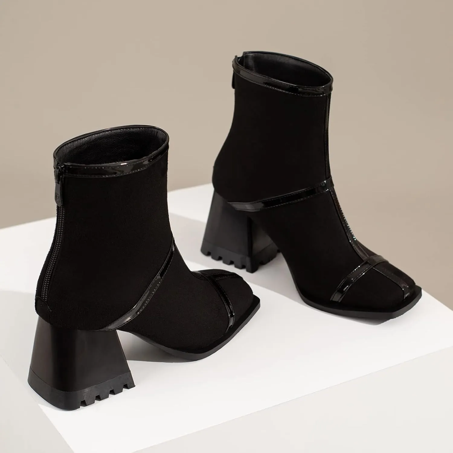Cozivwaiy Square Toe Ankle Boots for Women Colorblocked Block Mid Heel Booties Ankle High Dress Boots Zipper Boots Women