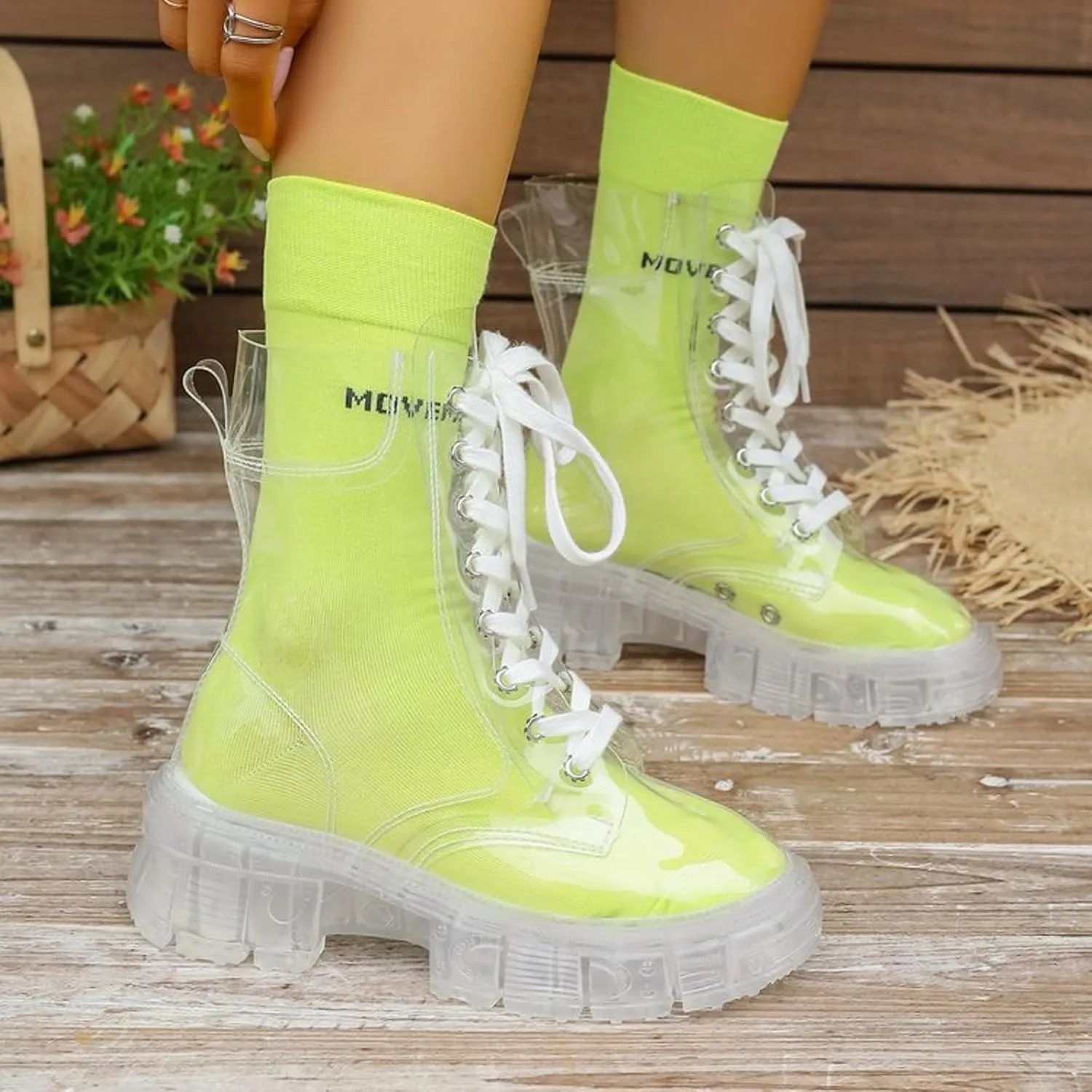 Crystal Bottom Fashion Large Fashion Boots Elevated Lace Up Transparent Matsutake Thick Bottom Jelly Short Boots Cool Boots Laces Boots for Women