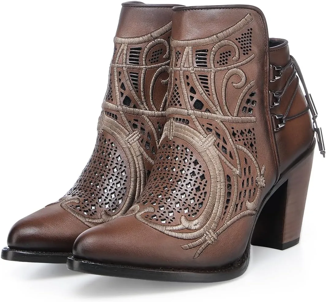 Cuadra Women's Bootie in Genuine Leather with Embroidery and Zipper Brown, 3F48RS