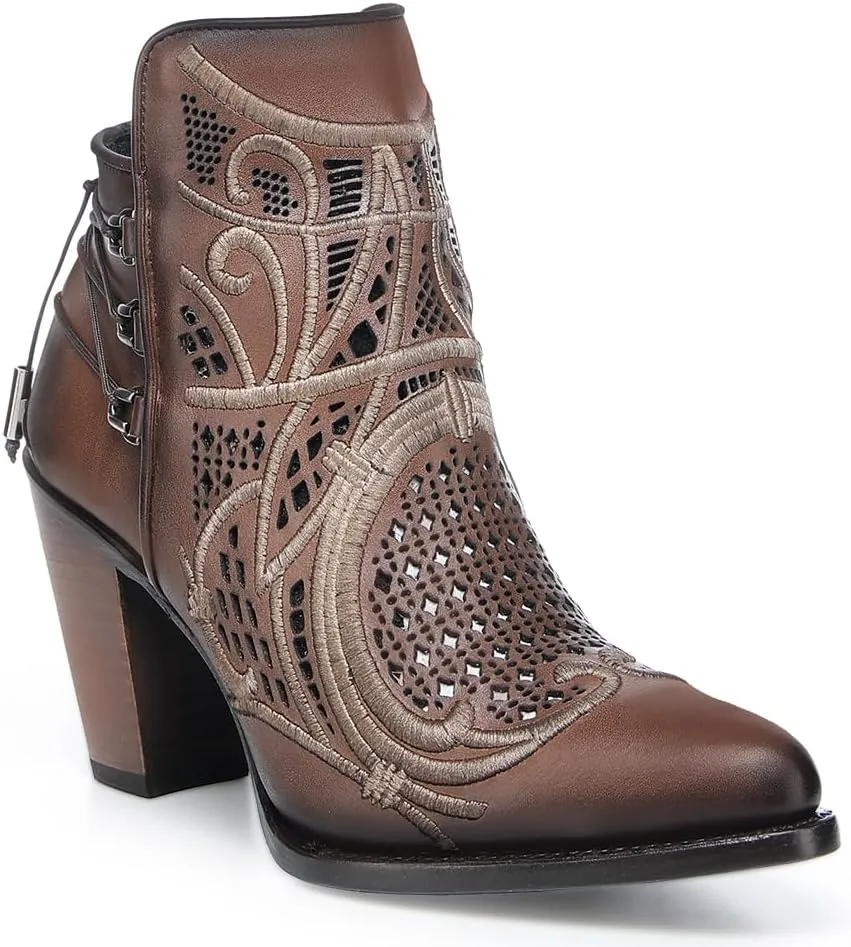 Cuadra Women's Bootie in Genuine Leather with Embroidery and Zipper Brown, 3F48RS