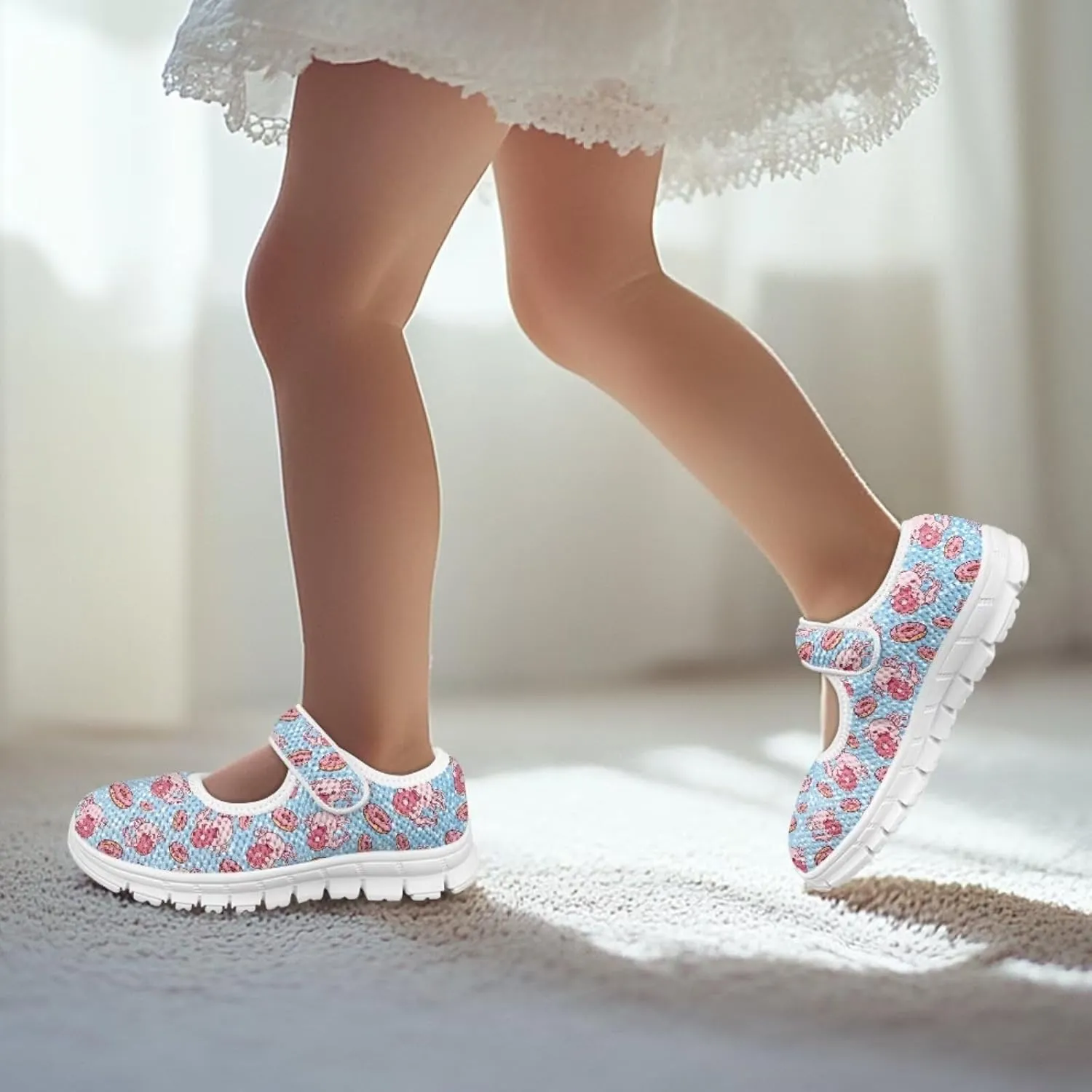 Cute Animals Print Girls Mary Jane Shoes Mesh School Sneaker Toddler Breathable Dress Shoes for Hiking Camping Travel