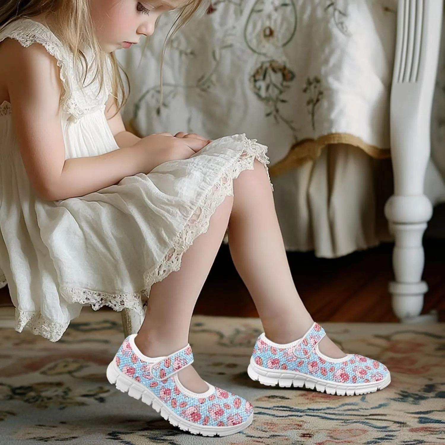 Cute Animals Print Girls Mary Jane Shoes Mesh School Sneaker Toddler Breathable Dress Shoes for Hiking Camping Travel