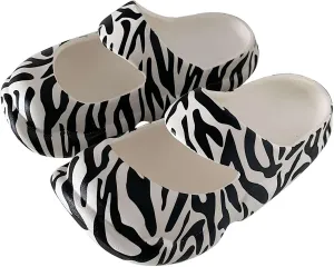 Cute Zebra Print Thick Sole Slippers Women Mary Jane Clogs with Hole EVA 1.2" Y2K Platform Height Increase Indoor Shower Sandals Outdoor Travel Beach Sandals