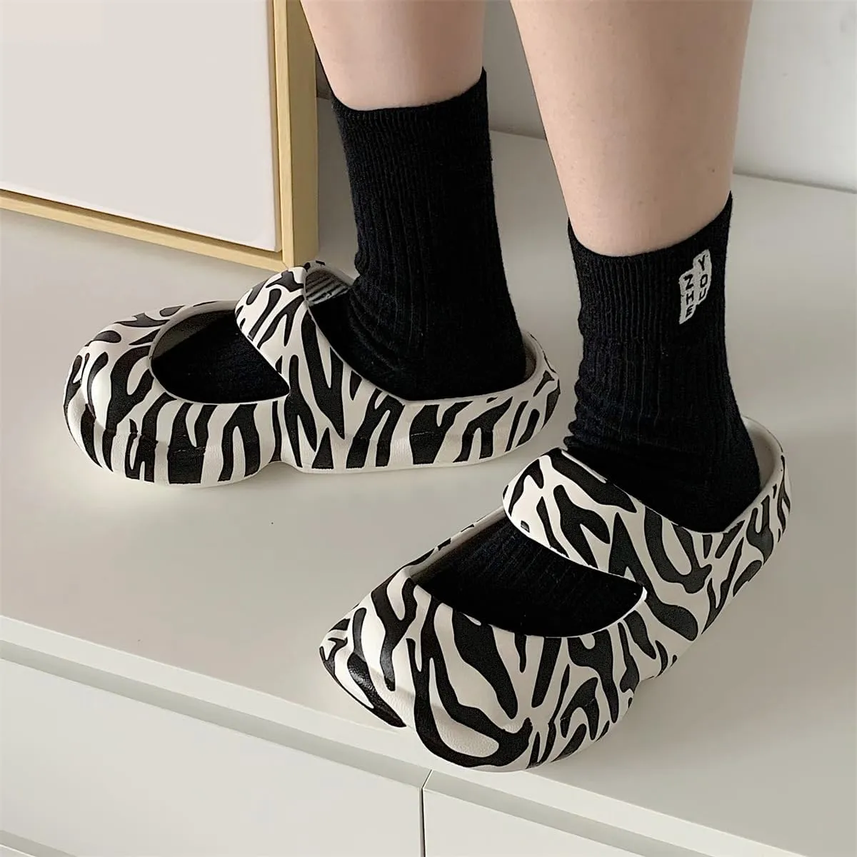 Cute Zebra Print Thick Sole Slippers Women Mary Jane Clogs with Hole EVA 1.2" Y2K Platform Height Increase Indoor Shower Sandals Outdoor Travel Beach Sandals