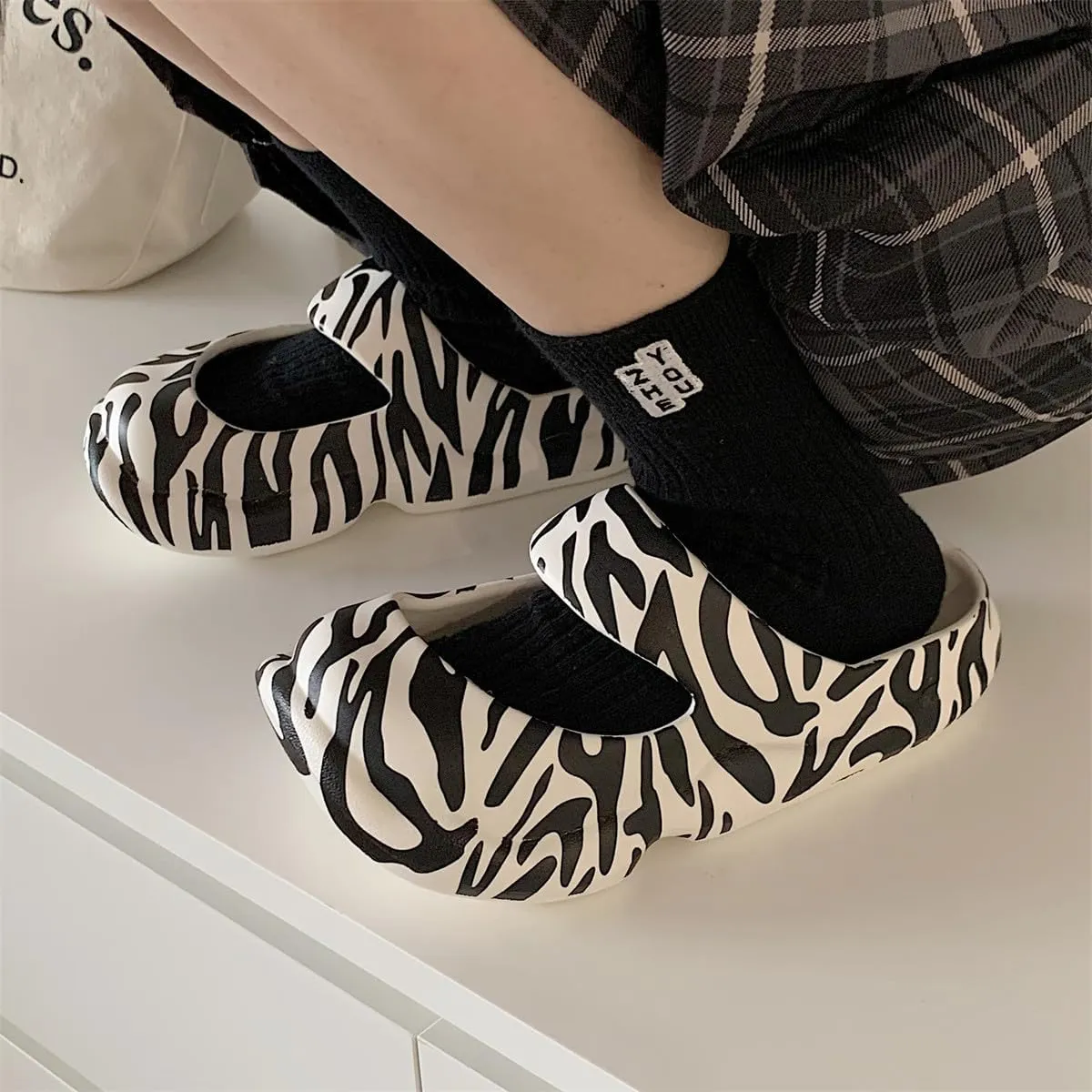 Cute Zebra Print Thick Sole Slippers Women Mary Jane Clogs with Hole EVA 1.2" Y2K Platform Height Increase Indoor Shower Sandals Outdoor Travel Beach Sandals