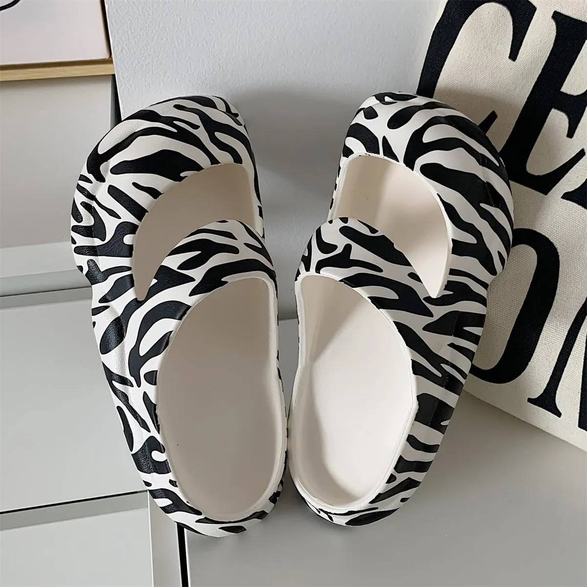 Cute Zebra Print Thick Sole Slippers Women Mary Jane Clogs with Hole EVA 1.2" Y2K Platform Height Increase Indoor Shower Sandals Outdoor Travel Beach Sandals